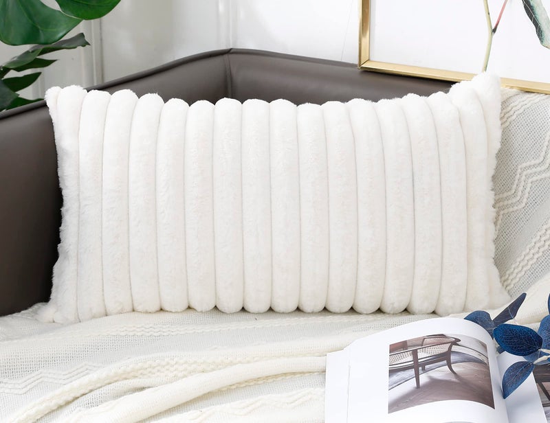 PANOD Faux Fur Decorative Long Lumbar Throw Pillow Covers 14 x 20 Boho Long Lumbar Pillow Covers Pillow Case Cushion Cover for Bed Sofa Farmhouse Livingroom White - Image 2