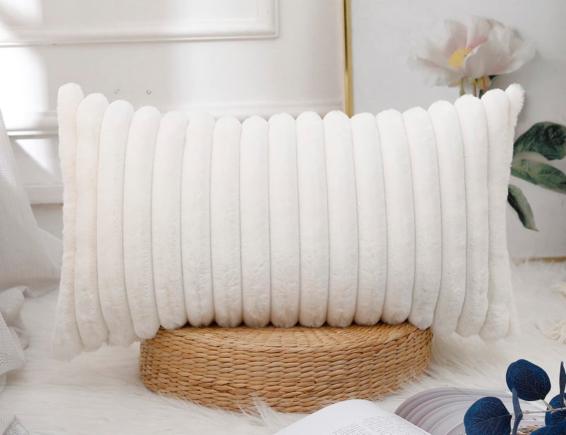 PANOD Faux Fur Decorative Long Lumbar Throw Pillow Covers 14 x 20 Boho Long Lumbar Pillow Covers Pillow Case Cushion Cover for Bed Sofa Farmhouse Livingroom White - Image 1