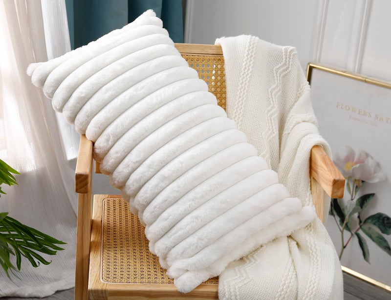 PANOD Faux Fur Decorative Long Lumbar Throw Pillow Covers 14 x 20 Boho Long Lumbar Pillow Covers Pillow Case Cushion Cover for Bed Sofa Farmhouse Livingroom White - Image 3
