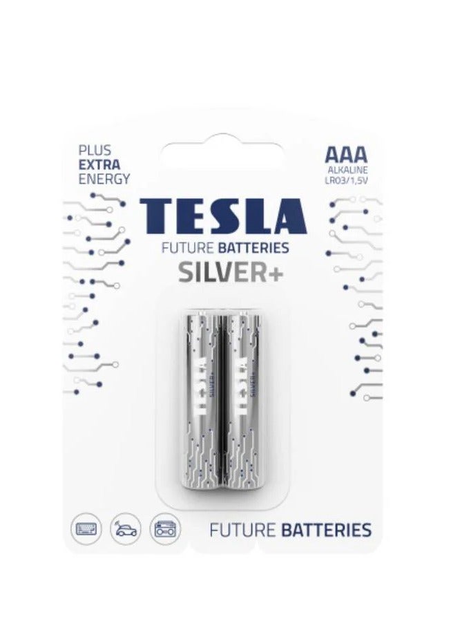 بطاريات تسلا بطاريات قلوية SILVER+ AAA قطعتين - بطاريات قوية لأقصى أداء، طاقة ثابتة 1.5 فولت للأجهزة عالية الاستهلاك مثل الكاميرات والميكروفونات وأدوات القياس، مع تركيبة مانعة للتسرب، وأداء طويل الأمد، وتصميم صديق للبيئة، ومناسبة للاستخدام المنزلي والمهني، طاقة موثوقة تدوم لأطول فترة ممكنة  - Image 1