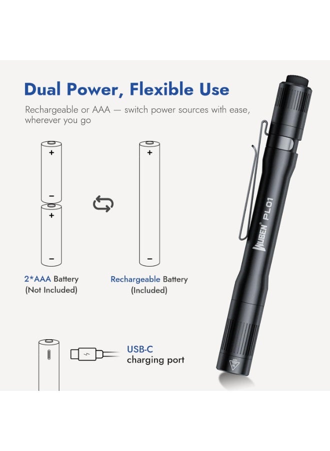 WUBEN PL01 Pen Light, 650 Lumen LED Flashlight Rechargeable, Pocket Size Pen Flashlight with Steel Pocket Clip, Compatible 2 AAA Battery, IP68 Waterproof, Penlight for Home, Emergencies, Inspection - Image 2