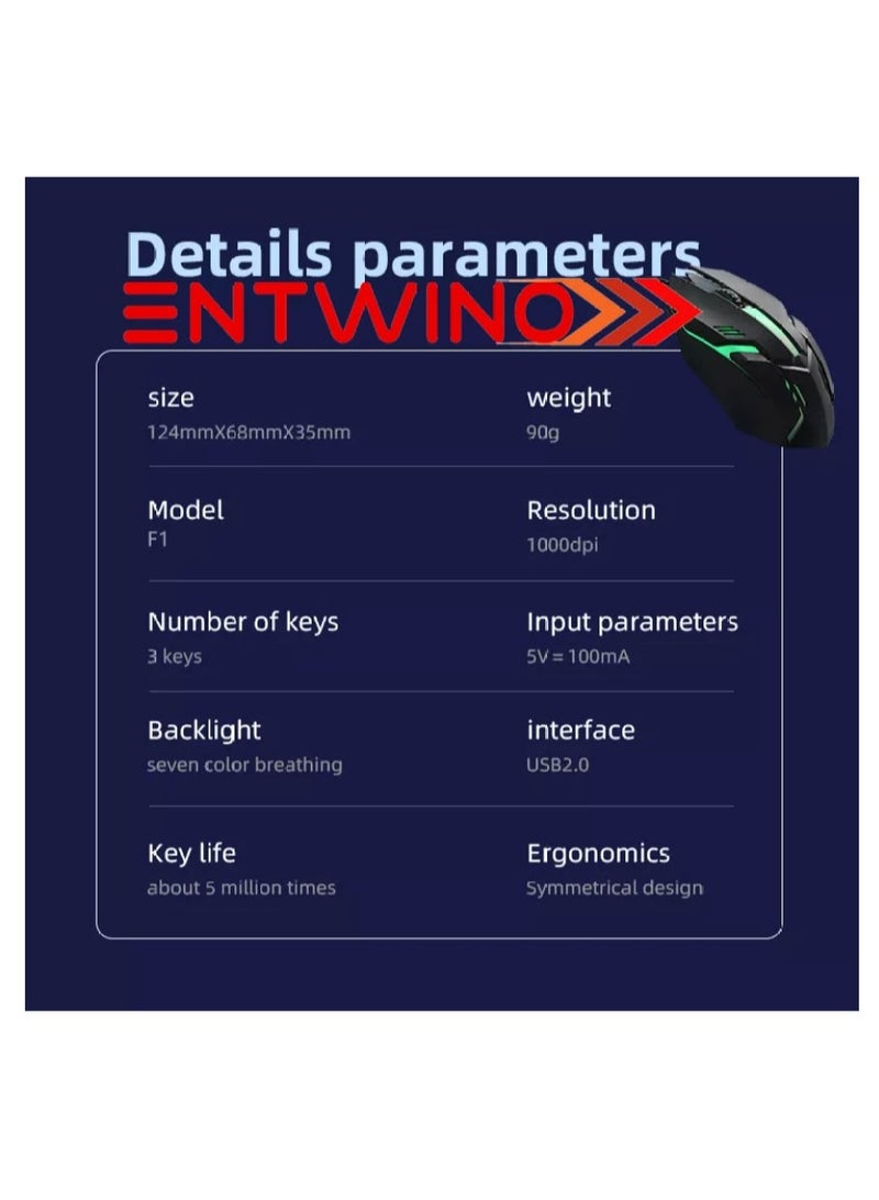 انطوينو ماوس ألعاب سلكي من ENTWINO F-1 للكمبيوتر، ماوس ألعاب ضوئي سلكي مضفر (USB 2.0، أسود) - Image 4