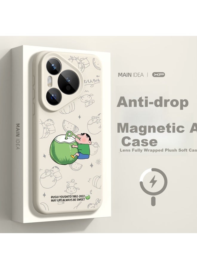 Xp Huawei Pura70Pro Phone Case Lens Full Coverage P70Pro+ Anti-Fall Heat Dissipation Magnetic Absorption Liquid Silicone Advanced Men And Women Crayon Shin-Chan - Antique White Drink Coconut Shin-Chan - Image 1