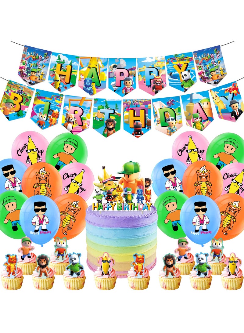 Generic Stumbling theme birthday party decoration Stumble guys pull flag cake insert card balloon hanging invitation card  - Image 1