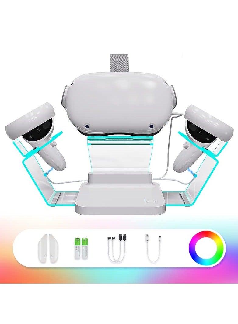 Barakah HiBloks Charging Station for Meta/Oculus Quest 2, Illuminated VR Stand for Quest 2, Magnetic Controller & Headest Display Charger with 2 Rechergeable Batteries, Battery Cover and USB-C Fast Charging - Image 1