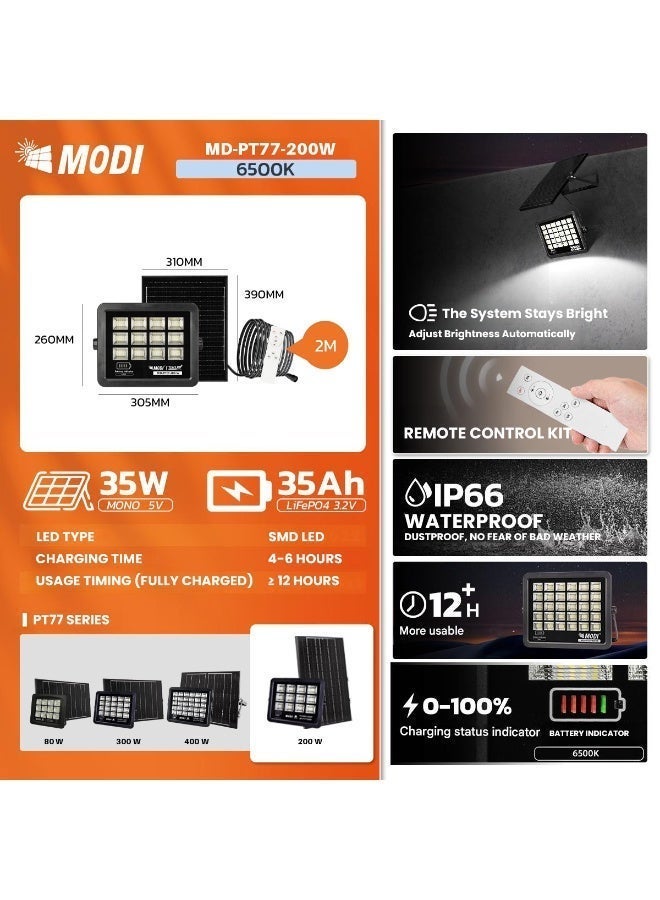 MODI 200W Solar LED Flood Light – IP66 Waterproof Outdoor Security Light with Remote Control (6500K Ultra Bright White) - Image 3