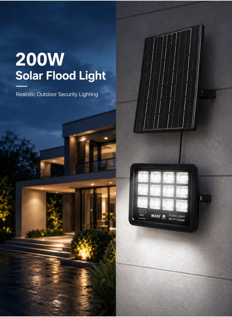 MODI 200W Solar LED Flood Light – IP66 Waterproof Outdoor Security Light with Remote Control (6500K Ultra Bright White) - Image 1