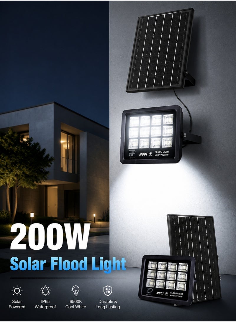 مودي كشاف إضاءة LED يعمل بالطاقة الشمسية بقوة 200 واط - مصباح أمان خارجي مقاوم للماء بمعيار IP66 مع جهاز تحكم عن بعد (6500 كلفن أبيض فائق السطوع) - Image 1