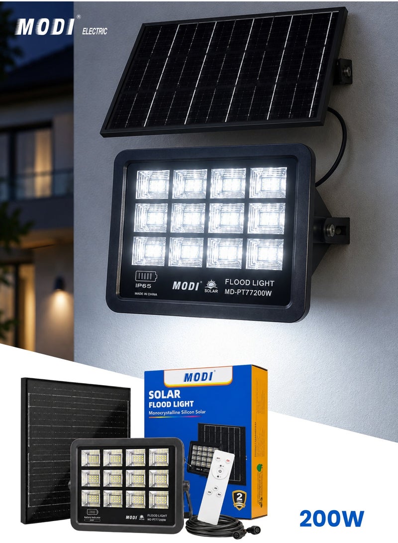 MODI 200W Solar LED Flood Light – IP66 Waterproof Outdoor Security Light with Remote Control (6500K Ultra Bright White) - Image 1