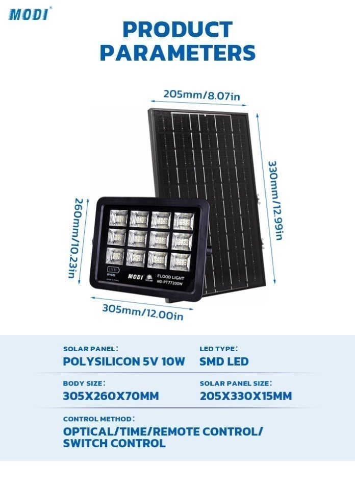MODI 200W 6500K SMD LED Solar Wall Light, 12–18-Hour Runtime, 4–6-Hour Charging, 10ah Lifepo4 Battery, 10w Polysilicon Panel, Remote Timer And Light Sensor Control, Outdoor Security Flood Lamp - Image 3
