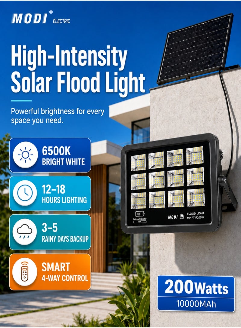 MODI 200W 6500K SMD LED Solar Wall Light, 12–18-Hour Runtime, 4–6-Hour Charging, 10ah Lifepo4 Battery, 10w Polysilicon Panel, Remote Timer And Light Sensor Control, Outdoor Security Flood Lamp - Image 1