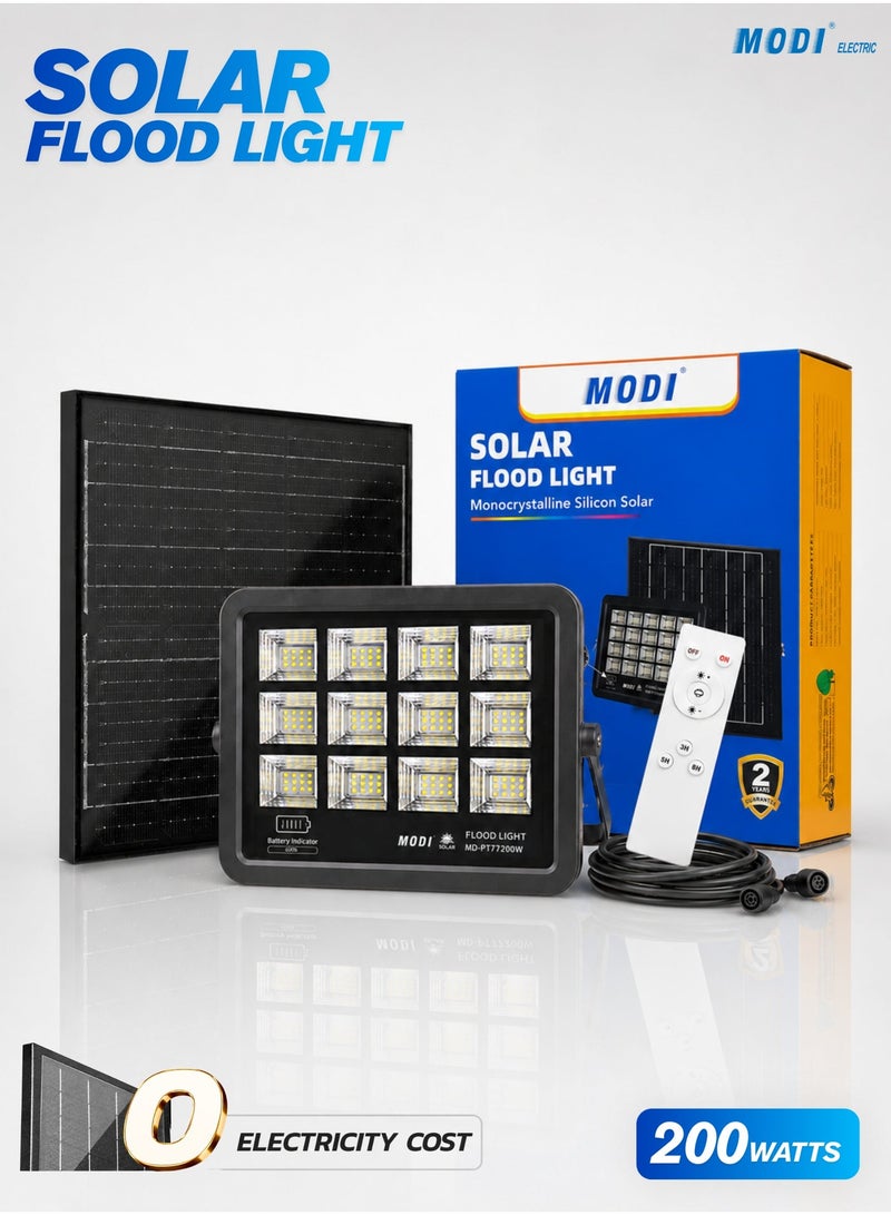 MODI 200W 6500K SMD LED Solar Wall Light, 12–18-Hour Runtime, 4–6-Hour Charging, 10ah Lifepo4 Battery, 10w Polysilicon Panel, Remote Timer And Light Sensor Control, Outdoor Security Flood Lamp - Image 1