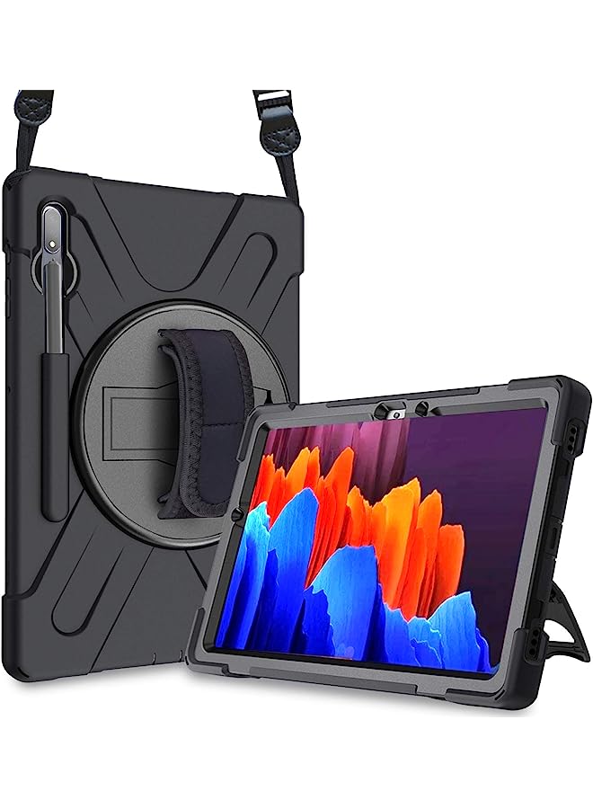 Procases Galaxy Tab S7 Plus 12.4” 2020 Case With S Pen Holder (Model Sm-T970/T975/T976), Rugged Heavy Duty Shockproof Case With Hand Strap Rotating Kickstand Protective Cover Case –Black - Image 1