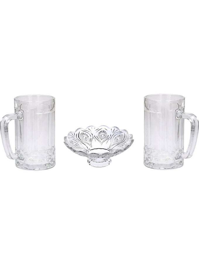 COMBO SET OF 2 BEER GLASSES AND 1 SNACK PLATE TRANSPARENT GLASS SET OF 3 GLASS SIZE 8 X 12 X 135 CM PLATE SIZE 35 X 35 X 10 CM