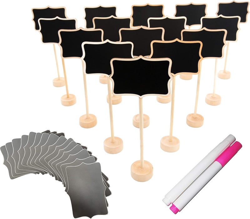 DSTELIN 15 Pack Wood Mini Chalkboard Signs (Water-Based Chalk and Replacement Stickers Are Included) Small Rectangle Chalkboards Blackboard for Weddings, Message Board Signs and Special Event Decorations - Image 1