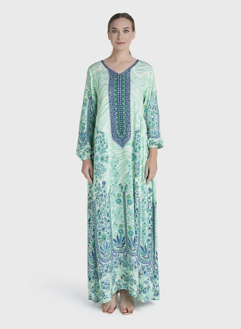 كشخة Green Colour Stone Work Rayon Abstract Printed Jalabiya (VDC127)