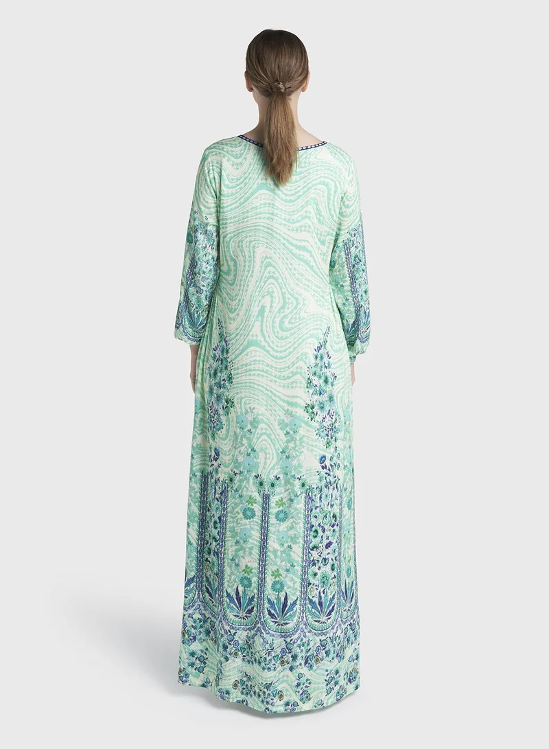 Kashkha  Green Colour Stone Work Rayon Abstract Printed Jalabiya (VDC127) for Women | Best Price UAE