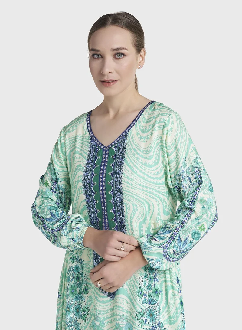 كشخة Green Colour Stone Work Rayon Abstract Printed Jalabiya (VDC127)