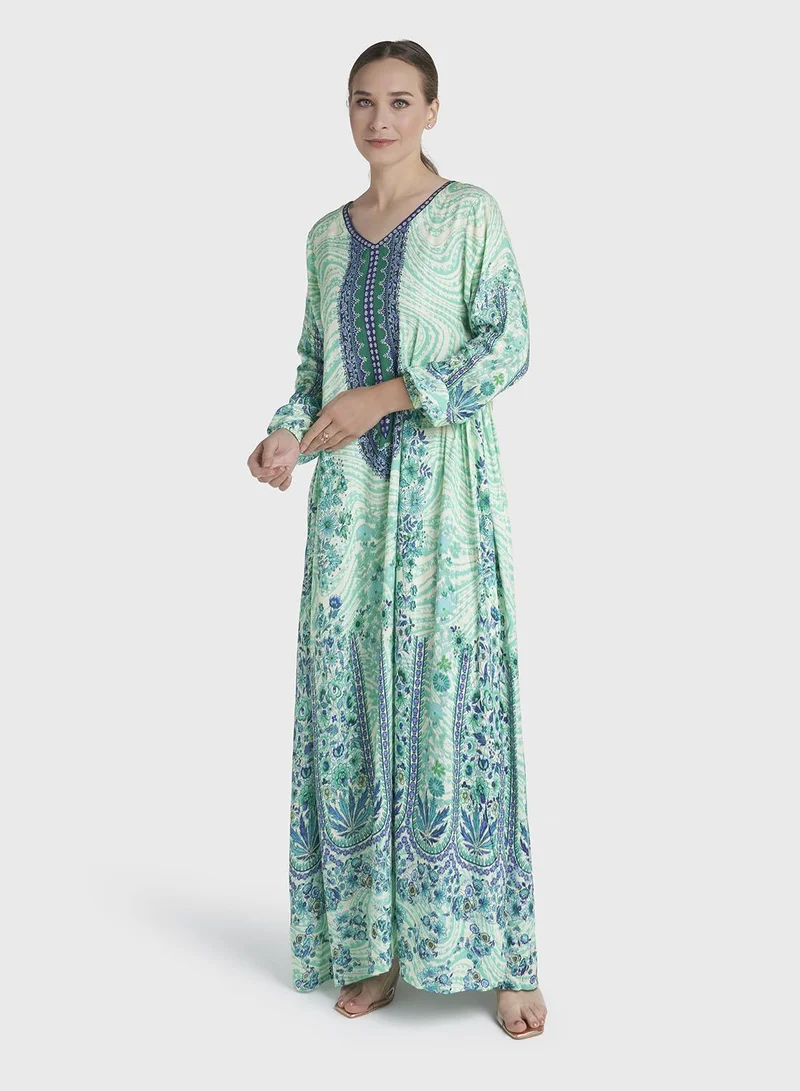 Kashkha  Green Colour Stone Work Rayon Abstract Printed Jalabiya (VDC127) for Women | Best Price UAE