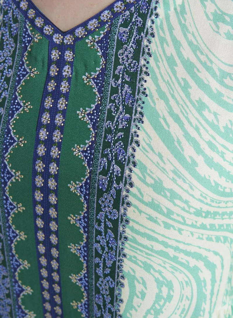 Kashkha  Green Colour Stone Work Rayon Abstract Printed Jalabiya (VDC127) for Women | Best Price UAE