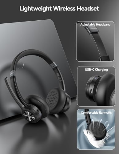 TECKNET Wireless Headset, Bluetooth Headset with Noise Cancelling Microphone - Rechargeable Bluetooth V5.2 Headphones, 50H Playtime & Mic Mute, On Ear Headphones for Trucker/Remote Work/Call Center - Image 3