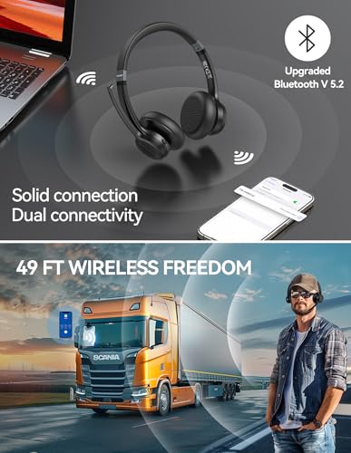 TECKNET Wireless Headset, Bluetooth Headset with Noise Cancelling Microphone - Rechargeable Bluetooth V5.2 Headphones, 50H Playtime & Mic Mute, On Ear Headphones for Trucker/Remote Work/Call Center - Image 2