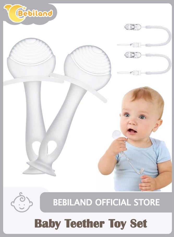 Bebiland 2PCS Teether Toy Silicone Baby Teether with Suction Cup, Baby Teething Toy with 2 Anti-Lost Chain, Teething Ring for 2 Months Above Infant Sore Gums Pain Relief (Clear)  - Image 1