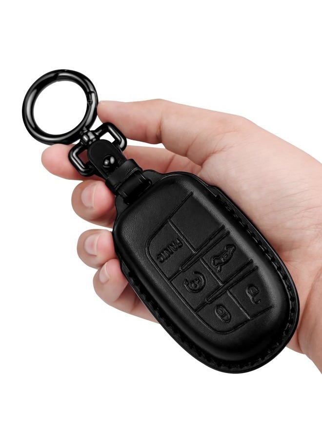 Tukellen for Jeep Key Fob Cover Leather,Leather Key Case Protector Compatible Jeep Grand Cherokee Renegade Chrysler 200 300 Dodge RAM Durango Challenger Journey Dart Fiat (only for Keyless go)-Black - Image 1