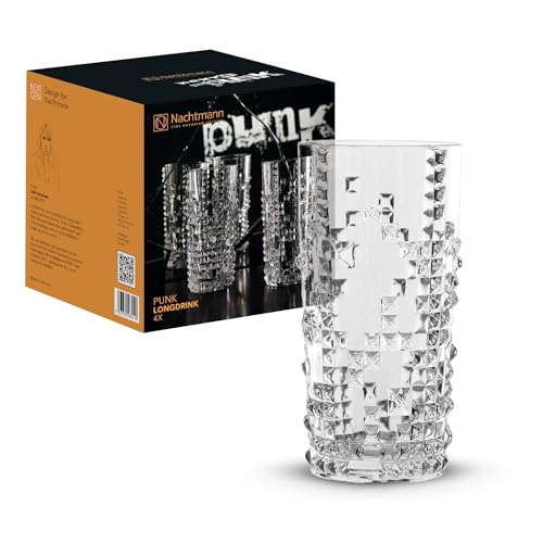 Nachtmann Punk Long Drink Glasses – Set of 4 Lead-Free 12.6 oz Crystal Tumblers Featuring Studded Design, Tall Machine-Made Glassware for Cocktails, Mocktails, Soda, Water, Home Bars - Image 1