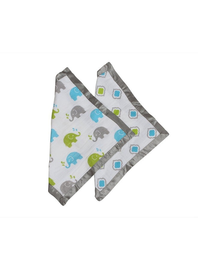 Bacati Elephants Muslin 2 Piece Security Blankets Aqua/Lime/Grey - Image 1