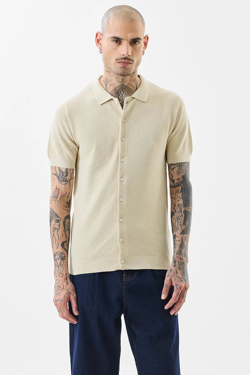 سنيتش قميص بيج بقصة ضيقة محبوك مسطح