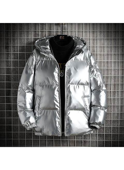 Shiny Puffer Down Jacket Mens Hooded Korean Style Cool Silver