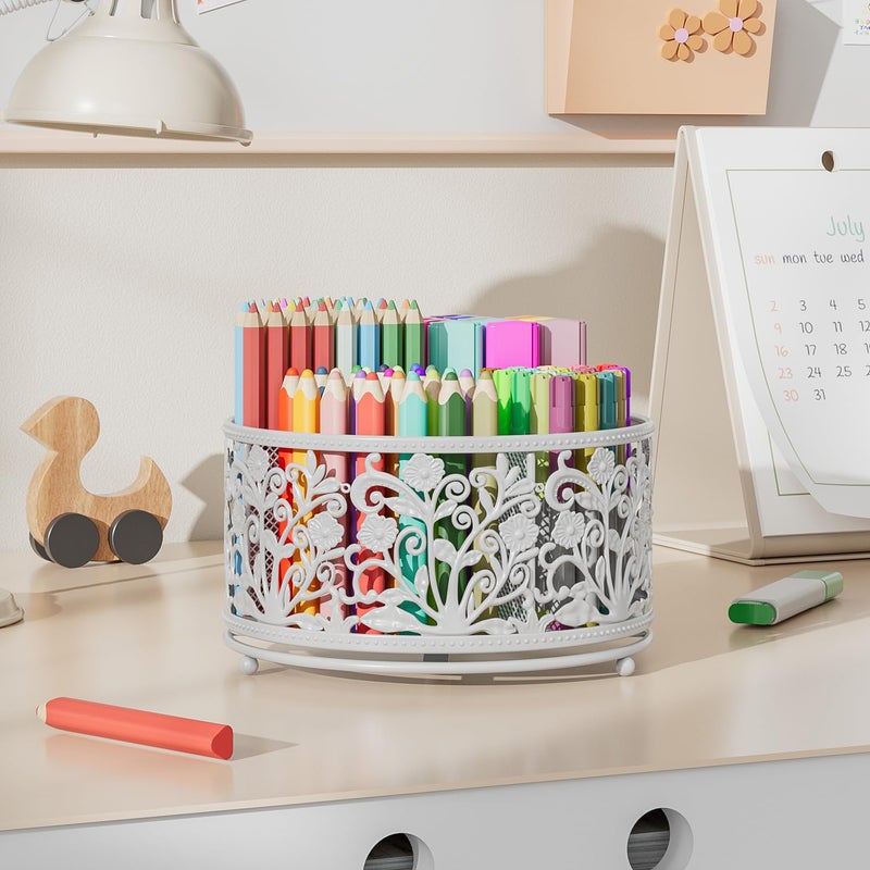 EKNITEY Rotating Mesh Desk Organizer - 4 Slots Cute Pen Pencil Holder Caddy for Office Art Supplies Home School Classroom White - Image 3