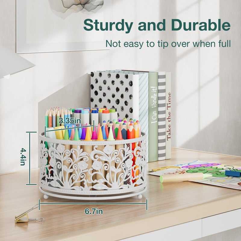 EKNITEY Rotating Mesh Desk Organizer - 4 Slots Cute Pen Pencil Holder Caddy for Office Art Supplies Home School Classroom White - Image 5