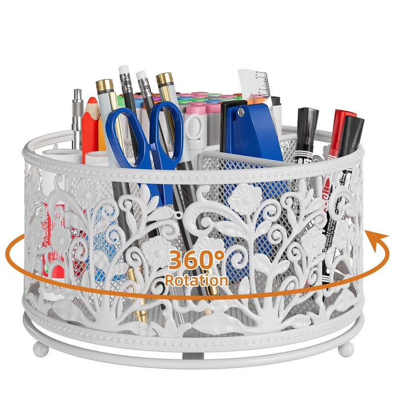 EKNITEY Rotating Mesh Desk Organizer - 4 Slots Cute Pen Pencil Holder Caddy for Office Art Supplies Home School Classroom White - Image 1