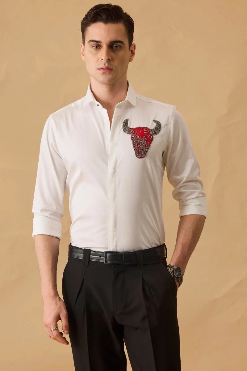 سنيتش White Embroidered Long Sleeve Slim Fit Shirt