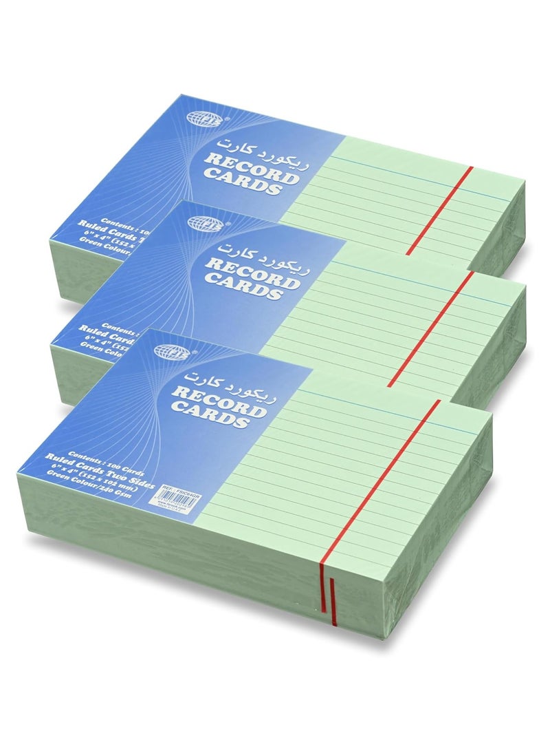 FIS® Ruled Record Cards or Index Cards, Size:6"x4" Inches (152x102mm), Two Sides Single Ruled, 240gsm, 100 Sheets Per Packet, Packet of 3 Pieces, Green Color-FSIC64GR-3 - Image 1