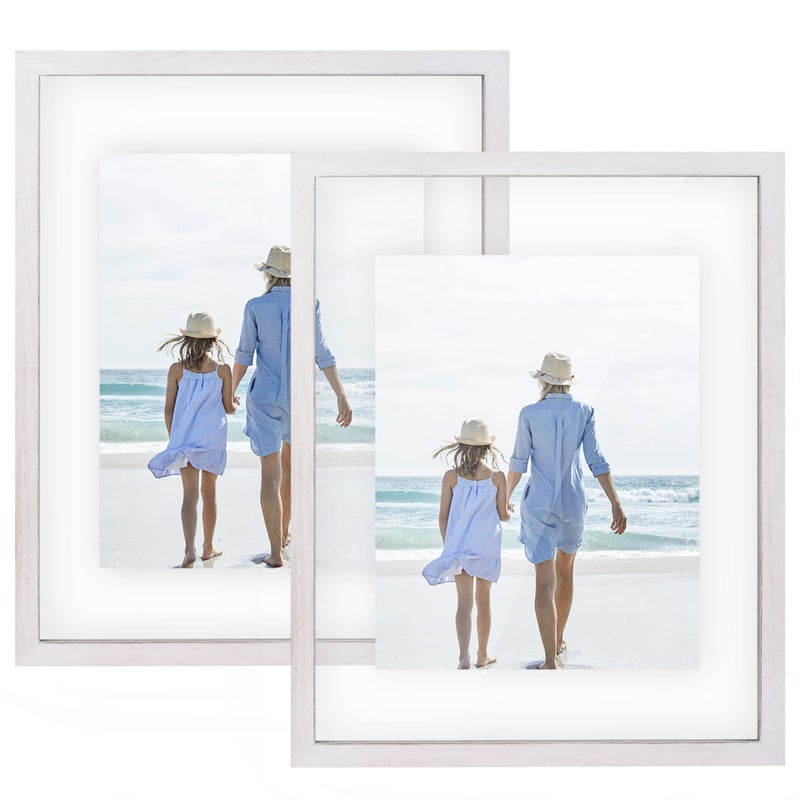 DLQuarts DLQuarts 11x14 Floating Photo Picture Frame Floating Display for Photos 8x10 7x9 5x7or Full Display for 11x14 Photos Solid Wood Double Glass 2 Pack White 