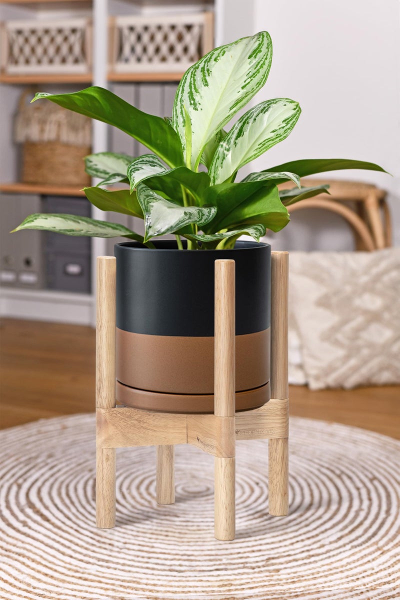 D'vine Dev Ceramic Planter with Natural Stand - 8 Inch Modern Round Flower Pot with Wood Planter Holder, Black/Speckled Tan, 55-B-N-7 - Image 4