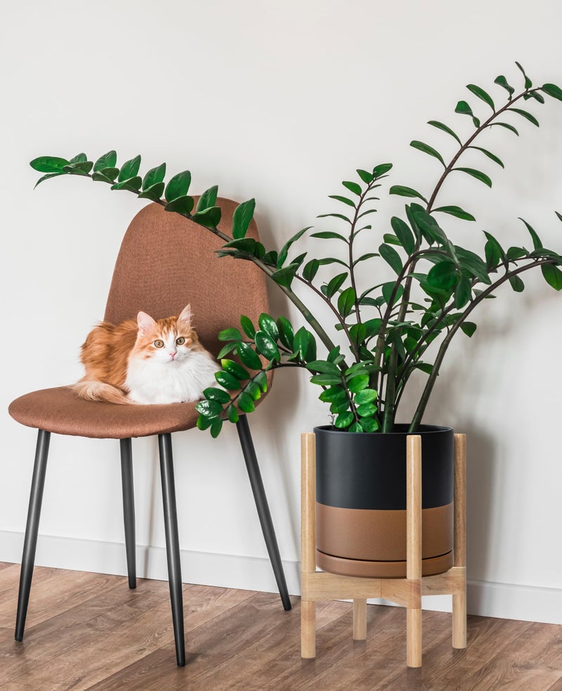 D'vine Dev Ceramic Planter with Natural Stand - 8 Inch Modern Round Flower Pot with Wood Planter Holder, Black/Speckled Tan, 55-B-N-7 - Image 2