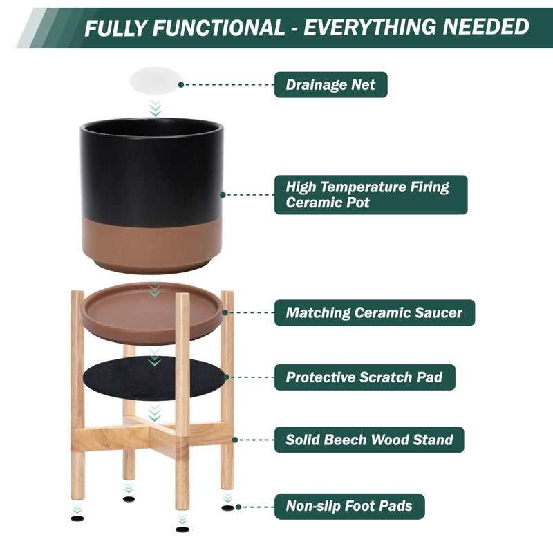 D'vine Dev Ceramic Planter with Natural Stand - 8 Inch Modern Round Flower Pot with Wood Planter Holder, Black/Speckled Tan, 55-B-N-7 - Image 5