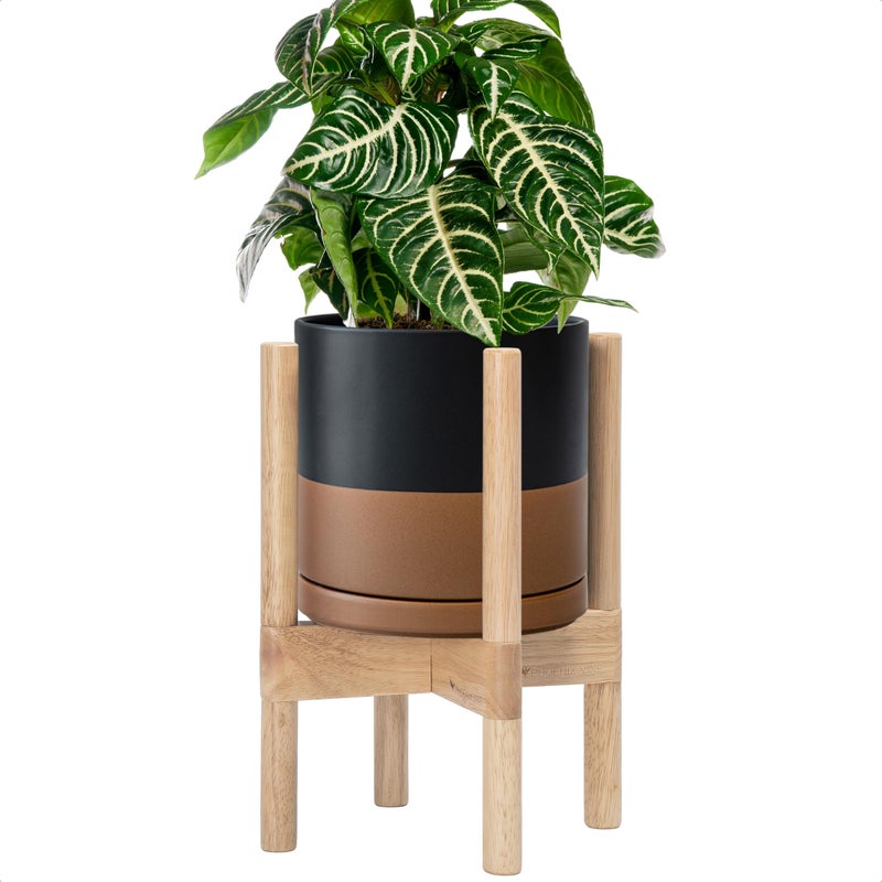 D'vine Dev Ceramic Planter with Natural Stand - 8 Inch Modern Round Flower Pot with Wood Planter Holder, Black/Speckled Tan, 55-B-N-7 - Image 1