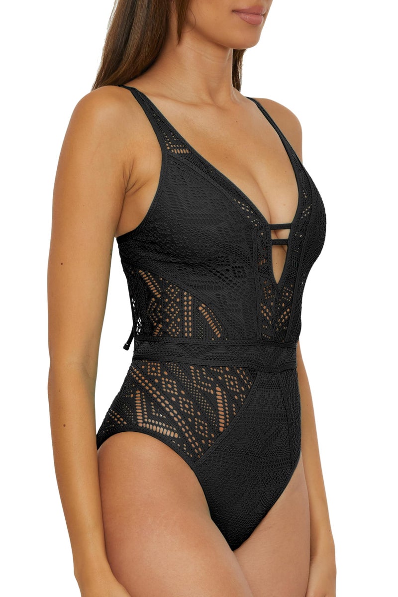 Becca Color Play - Women's One Piece Swimsuit, Plunge Neck, Crochet, Bathing Suits for Women, Black (B), Large - Image 2