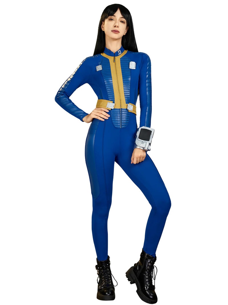 miccostumes Women's Blue Jumpsuit Cosplay Costume Fullset Bodysuit and Belt with Brooch (Blue, S)