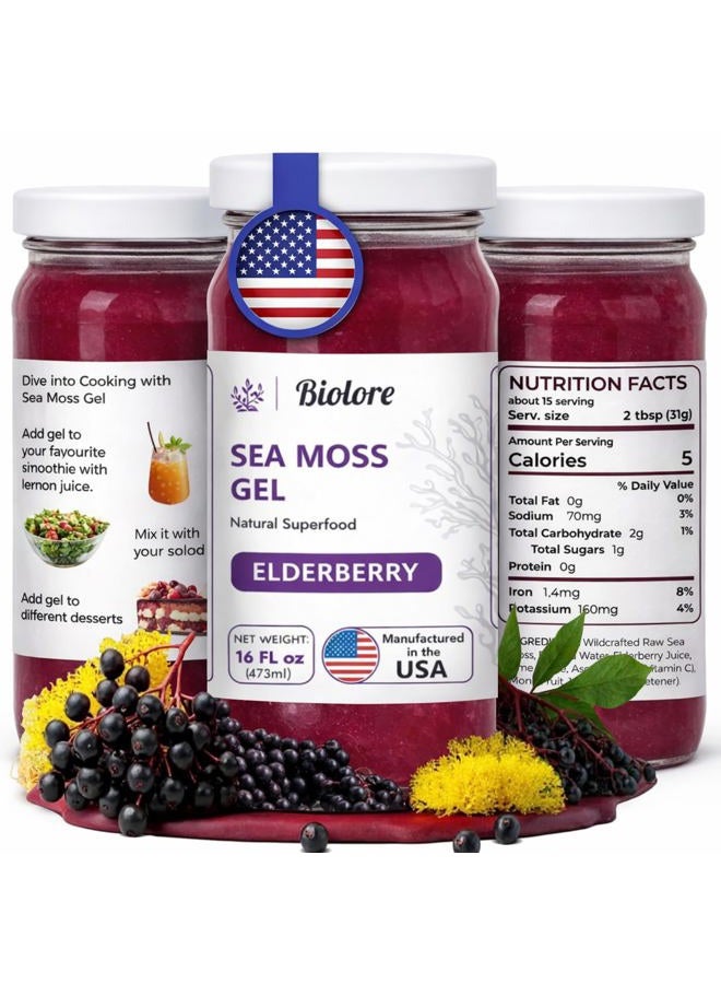 Biolore Sea Moss Gel - Elderberry 16oz, Wildcrafted Irish Seamoss with Essential Vitamins & Trace Minerals, Vegan Superfood Made in USA - Image 1
