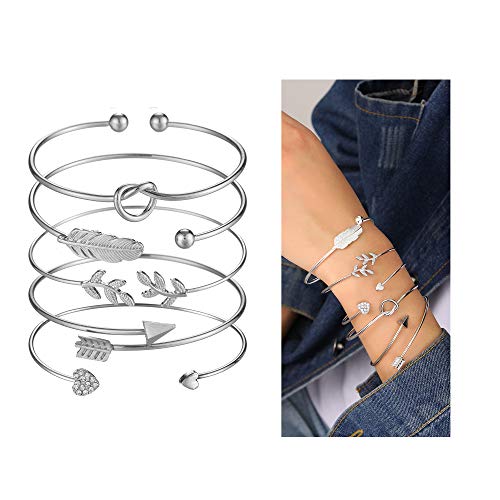 Softones 5pcs Bangle Silver Bracelets for Women Heart|Olive Leaf|Arrow|Feather|Knot Heart Open Cuff Bracelet Set Adjustable - Image 5