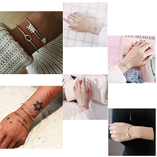 Softones 5pcs Bangle Silver Bracelets for Women Heart|Olive Leaf|Arrow|Feather|Knot Heart Open Cuff Bracelet Set Adjustable - Image 2