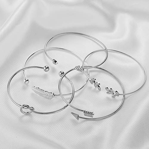 Softones 5pcs Bangle Silver Bracelets for Women Heart|Olive Leaf|Arrow|Feather|Knot Heart Open Cuff Bracelet Set Adjustable - Image 4