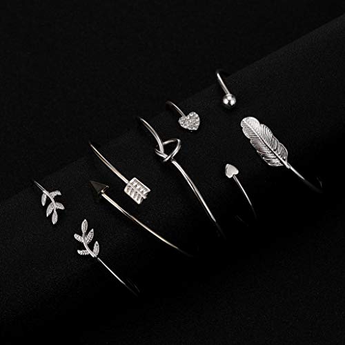 Softones 5pcs Bangle Silver Bracelets for Women Heart|Olive Leaf|Arrow|Feather|Knot Heart Open Cuff Bracelet Set Adjustable - Image 3
