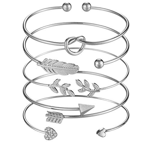 Softones 5pcs Bangle Silver Bracelets for Women Heart|Olive Leaf|Arrow|Feather|Knot Heart Open Cuff Bracelet Set Adjustable - Image 1